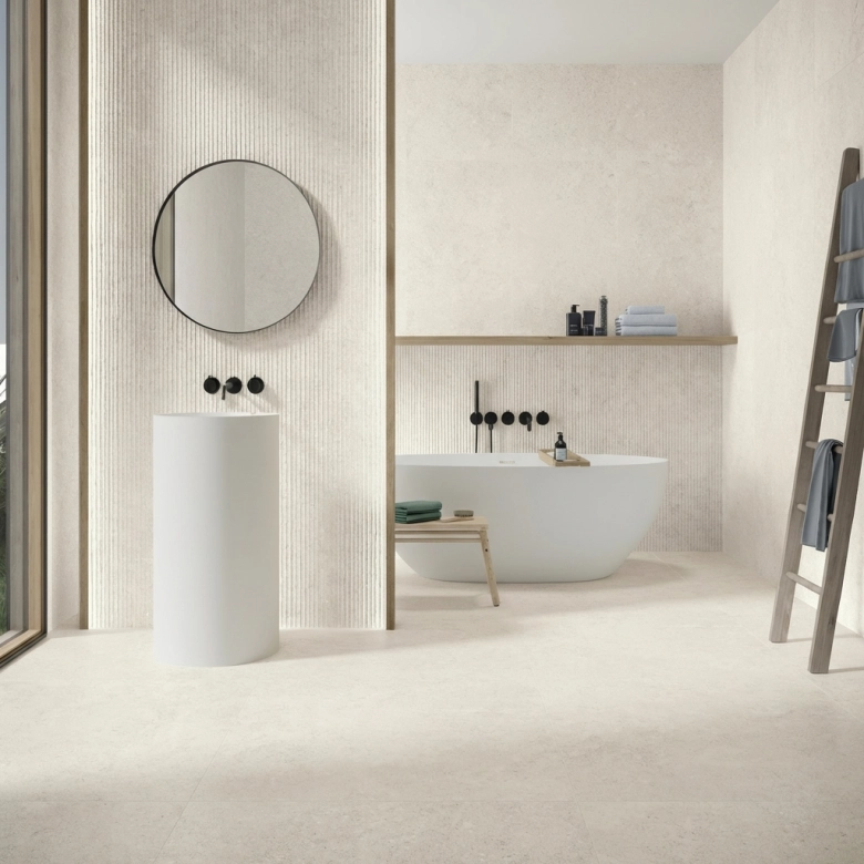 Carrelage sol et mur effet pierre Hyatt blanc grisé 60x120 cm