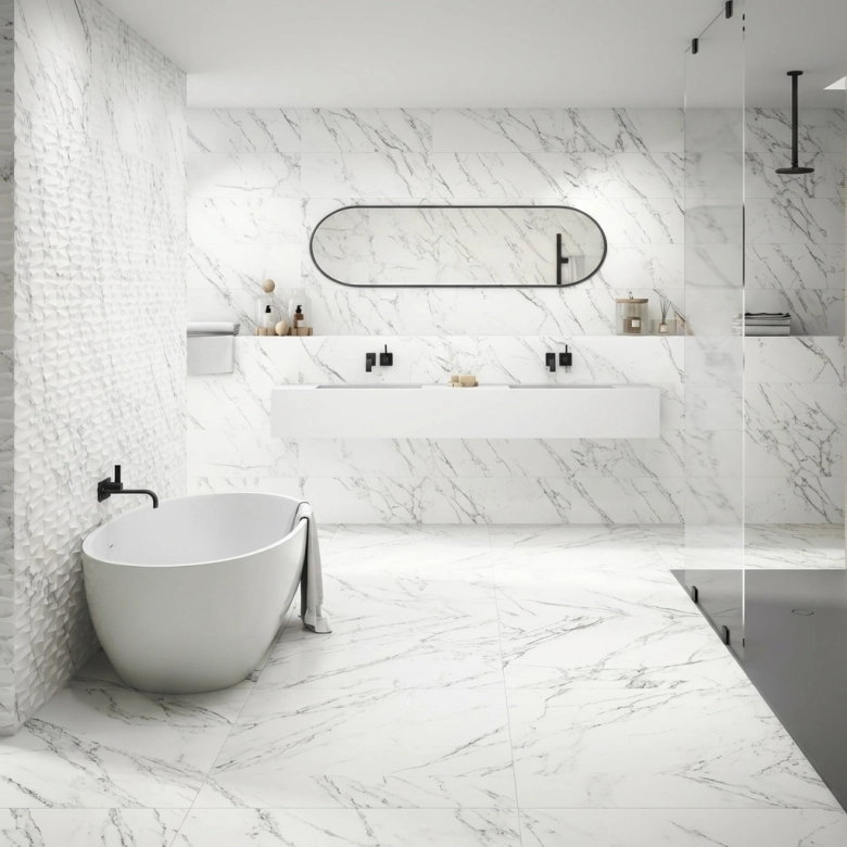 Carrelage mur Dinizia décor asymétrique blanc 30x90 cm