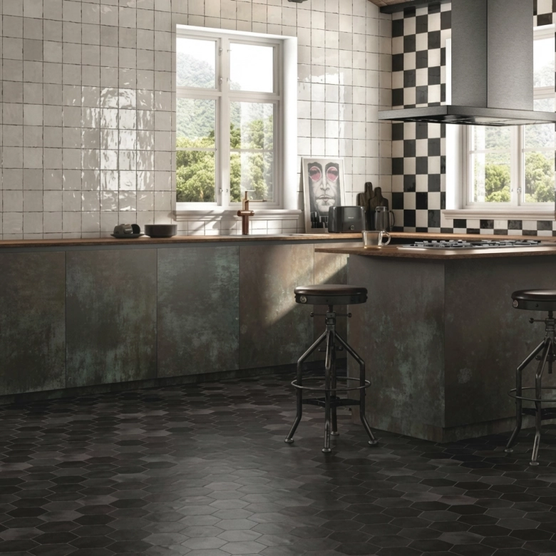 Carrelage sol et mur effet zellige Nomade black 13,9 CM HEX.