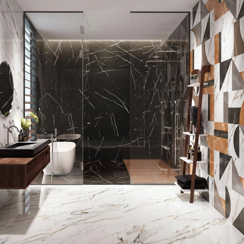 Carrelage mur effet marbre brillant Paros Décor géo Gold 30x90 cm