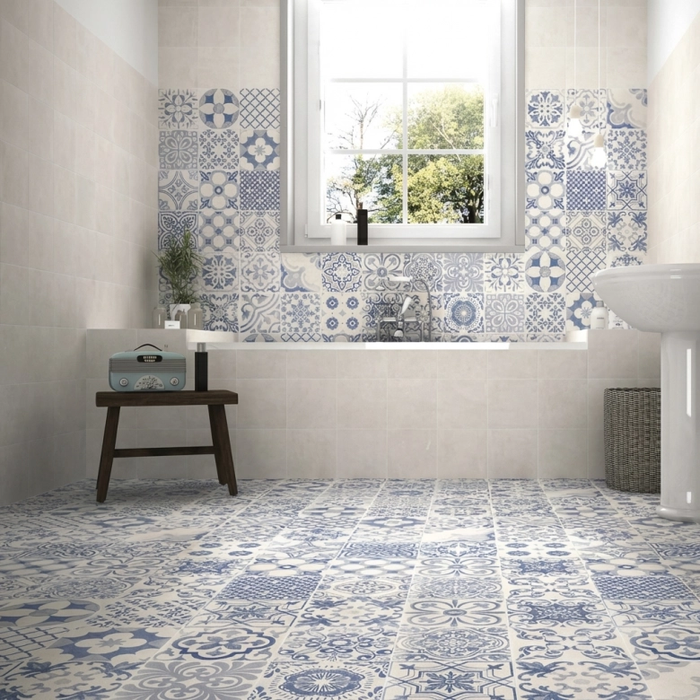 Carrelage sol effet carreaux de ciment Water Azur 44x44 cm