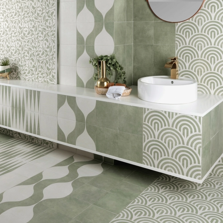 Carrelage sol effet carreaux de ciment Dalí décor vert goutte 20x20 cm