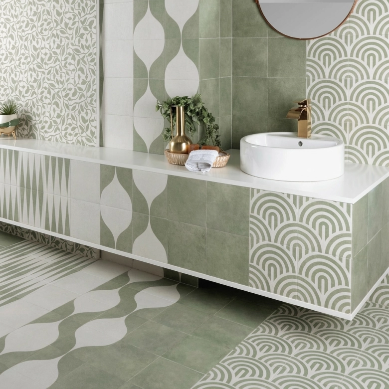 Carrelage sol effet carreaux de ciment Dalí décor vert arc de cercle 20x20 cm