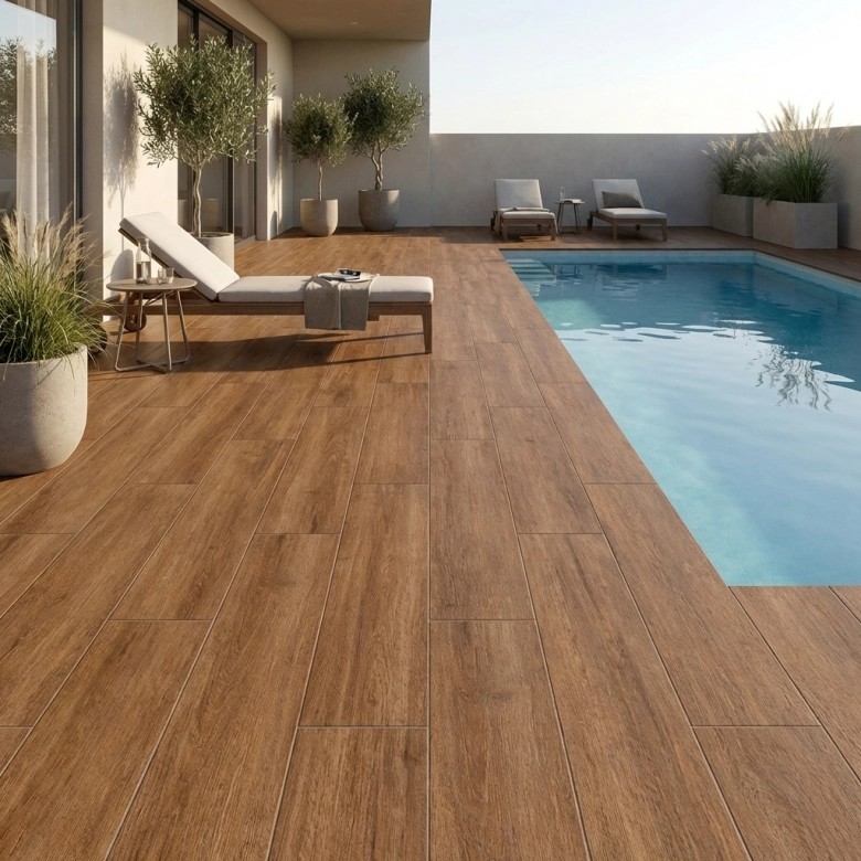 Carrelage sol extérieur effet bois Brésil Cerisier R11 20x120 cm