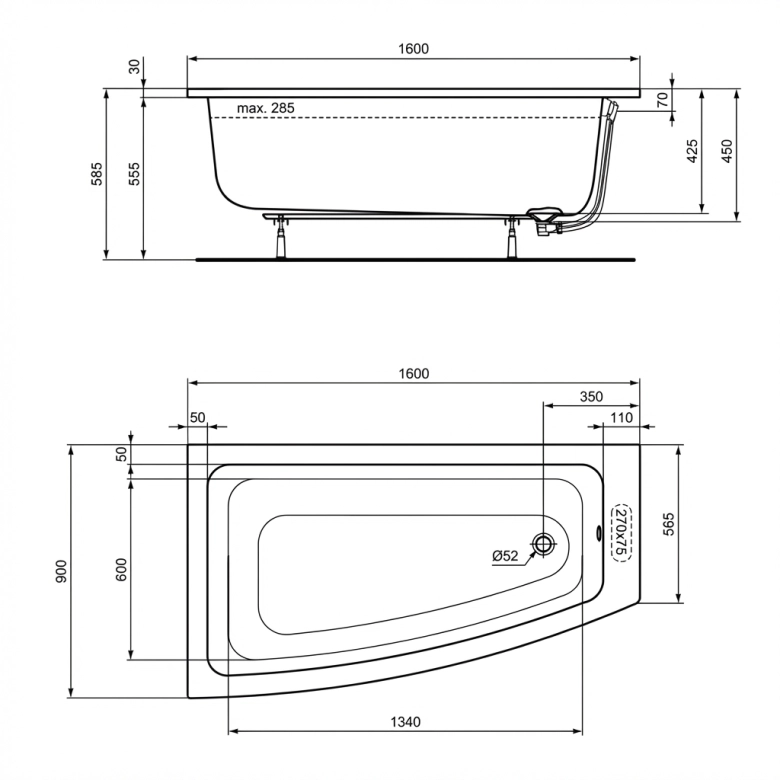 Baignoire Cozumel asymétrique droite 160 x 90/56,5 cm
