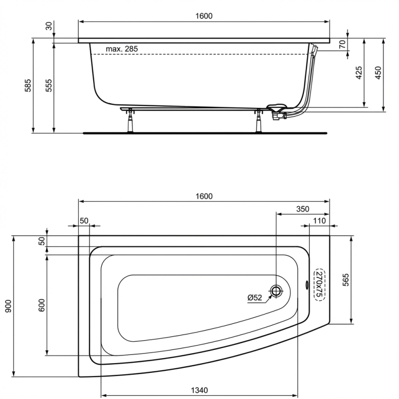 Baignoire Cozumel asymétrique gauche 160 x 90/56,5 cm