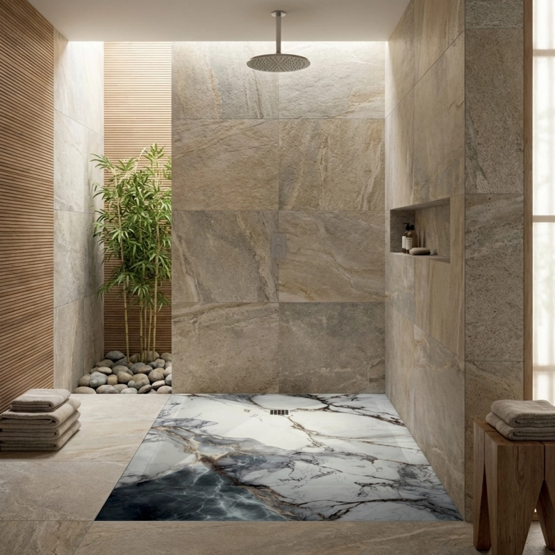 Receveur Marbre Blanc Or lisse antidérapant 