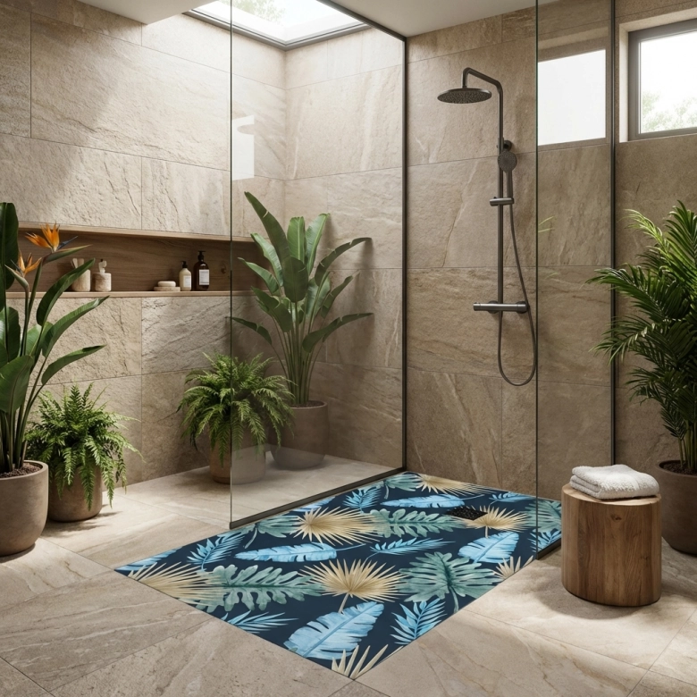 Receveur Feuilles bleues lisse antidérapant 