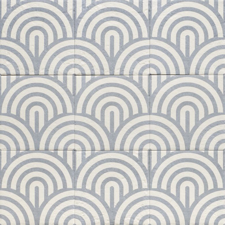 Carrelage sol effet carreaux de ciment Dalí décor bleu arc de cercle 20x20 cm