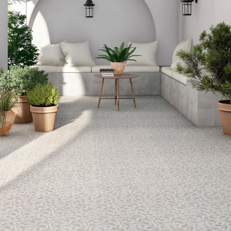 Carrelage sol effet carreaux de ciment Dalí décor gris feuille 20x20 cm