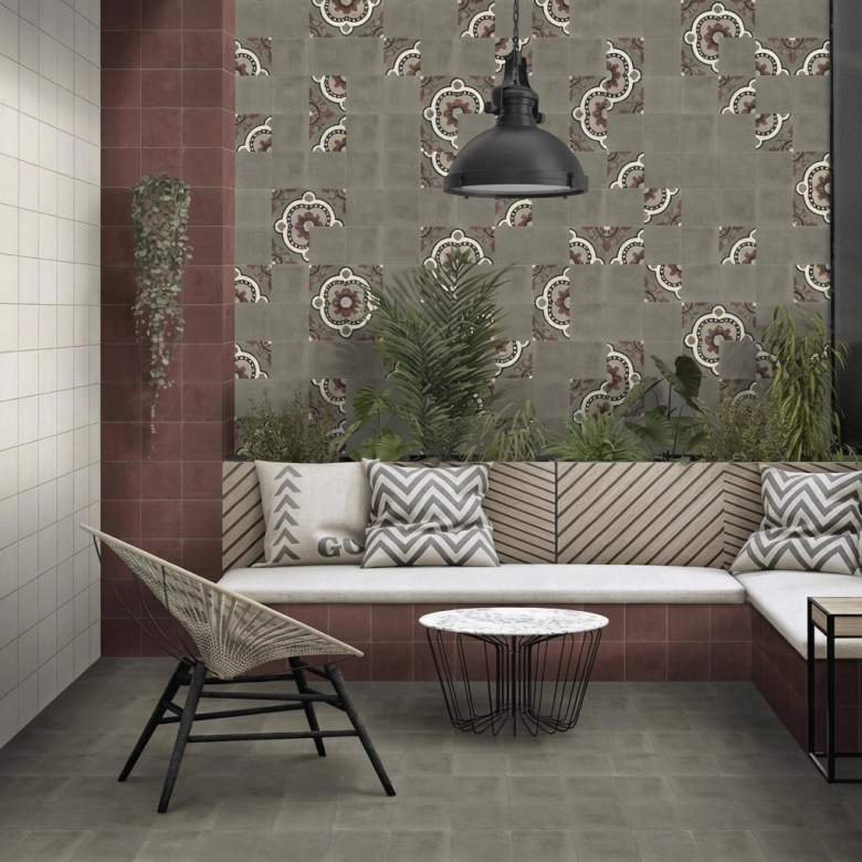 Carrelage sol effet carreaux de ciment Mélancolie Barcelone bordeaux 20x20 cm