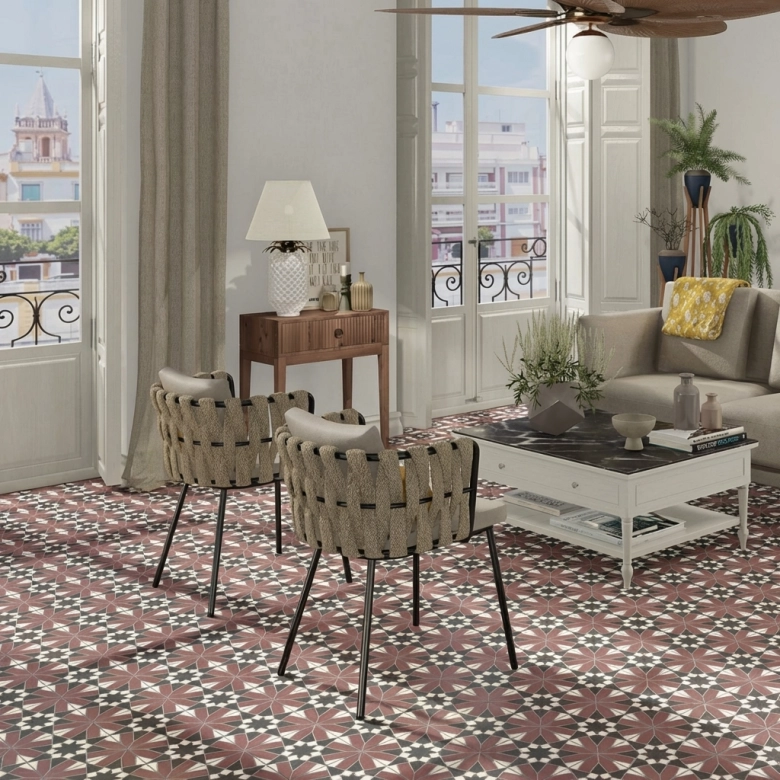 Carrelage sol effet carreaux de ciment Mélancolie Séville bordeaux 20x20 cm