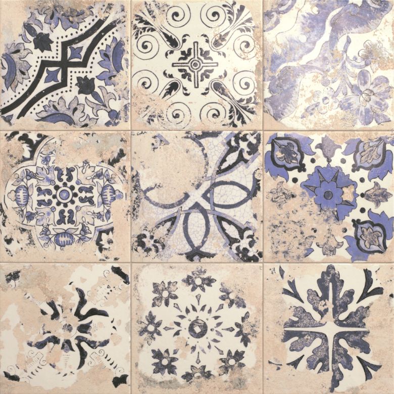 Carrelage sol effet carreaux de ciment Verone décor florale blanc 20x20 cm