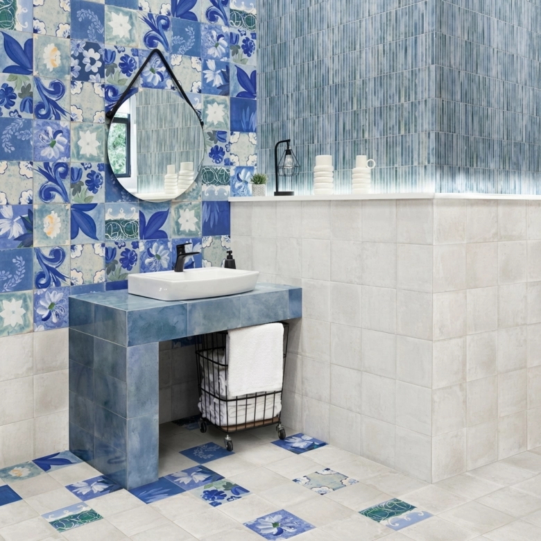 Carrelage sol effet carreaux de ciment Verone décor porto bleu 20x20 cm