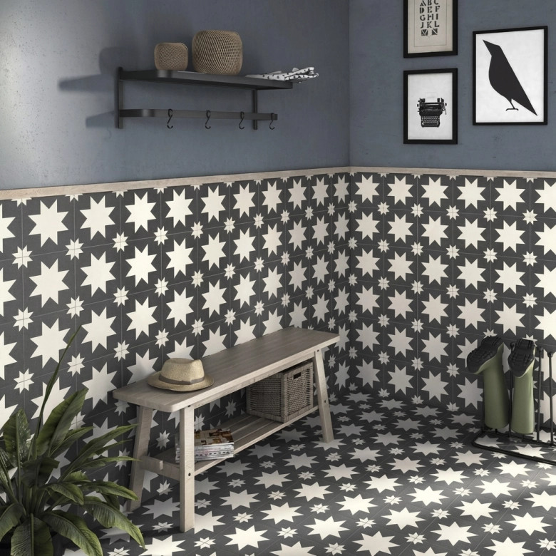 Carrelage sol effet carreaux de ciment Hercule Star black 20x20 cm