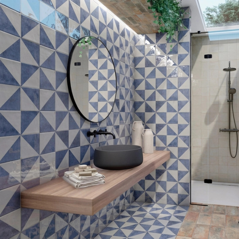 Carrelage sol effet carreaux de ciment Mura Tetuan bleu azur 15x15 cm