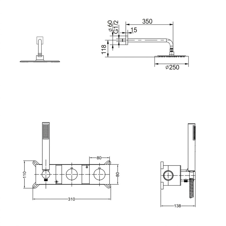 Colonne de Douche encastrée thermostatique Lhassa Gris Anthracite