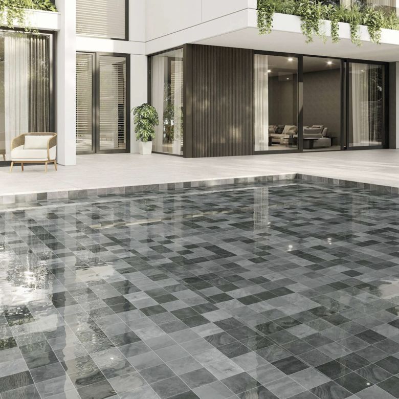 Carrelage sol extérieur effet Pierre de Bali Naga anthracite R11 33x33 cm