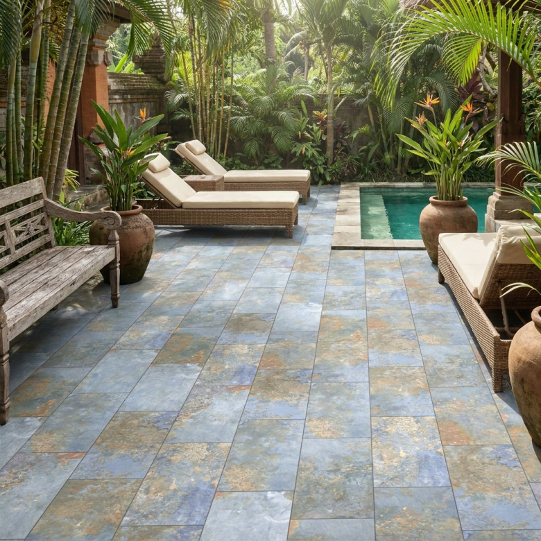 Carrelage sol extérieur effet Pierre de Bali Lovina bleu R11 30*60cm