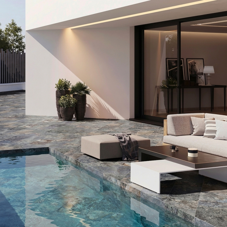 Carrelage sol extérieur effet Pierre de Bali Canggu bleu R11 33x60cm