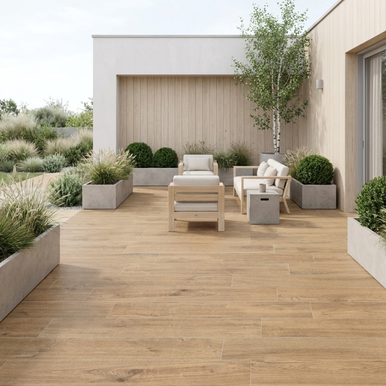 Carrelage sol extérieur effet bois Bornéo chêne R11 23x120 cm