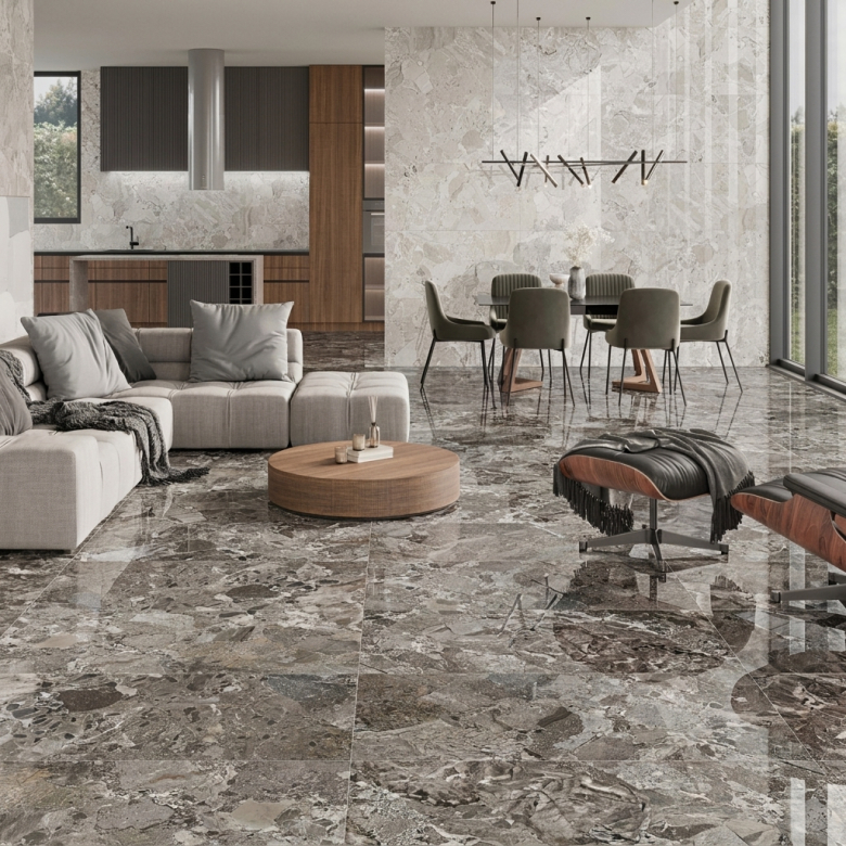 Carrelage sol et mur poli effet pierre Pyrite anthracite 60x120 cm