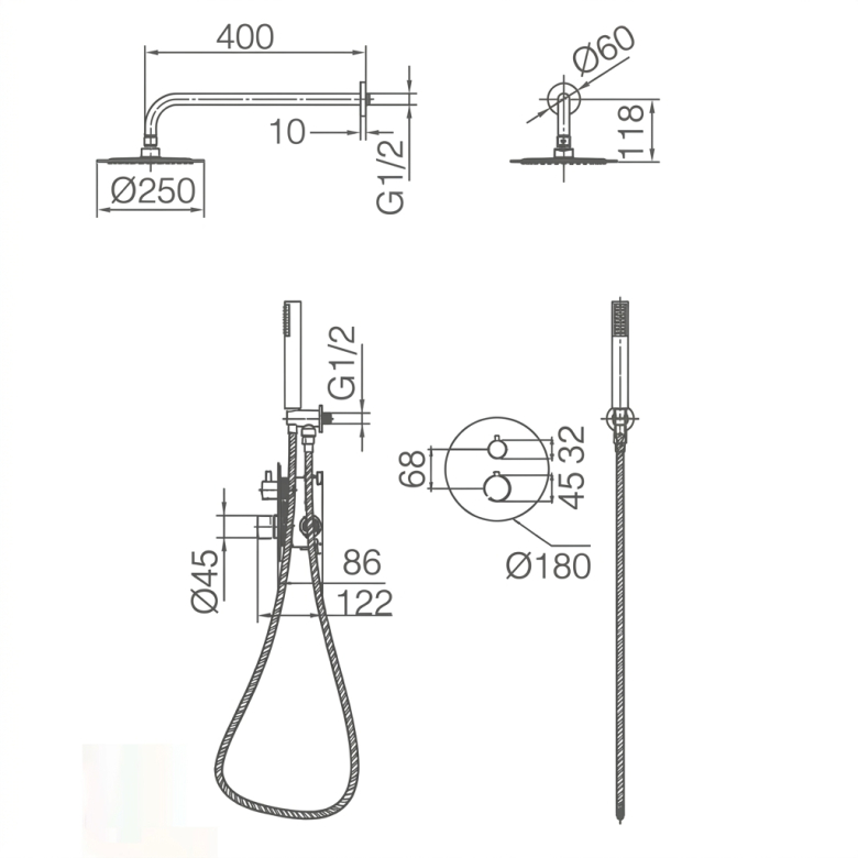 Colonne de Douche encastrée thermostatique Zena Noir Mat