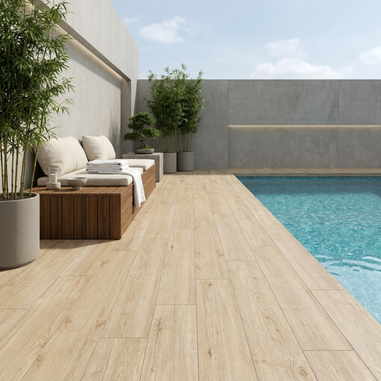 Carrelage sol extérieur effet bois kalimantan érable R11 20x120 cm