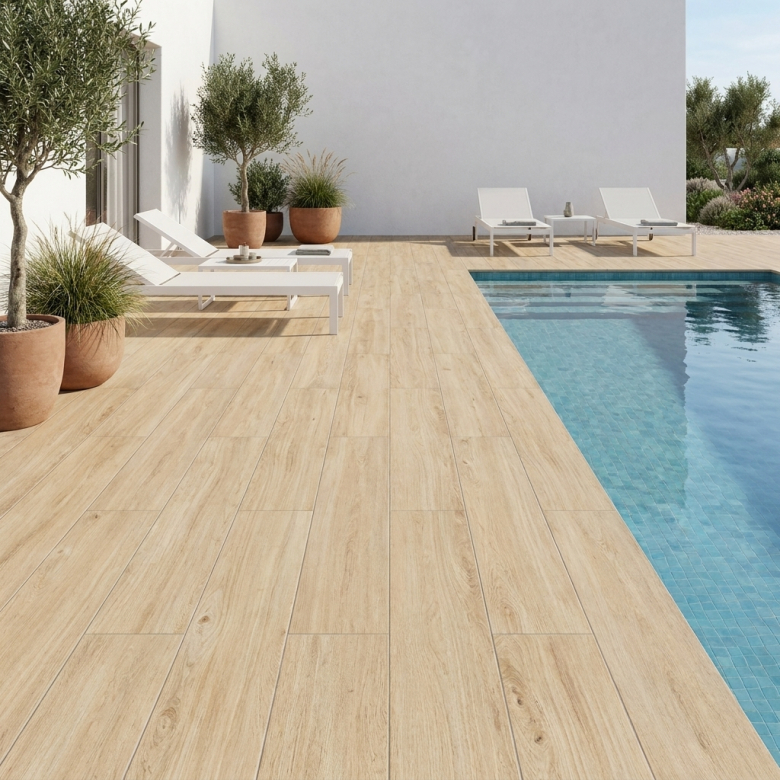 Carrelage sol extérieur effet bois kalimantan érable R11 25x150 cm