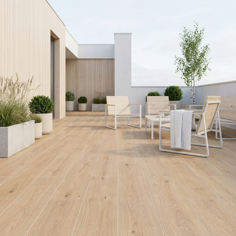 Carrelage sol extérieur effet bois Copernicia hêtre R10 20x120 cm