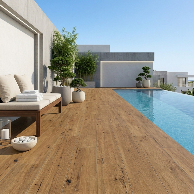 Carrelage sol extérieur effet bois Copernicia noisette R10 30x120 cm