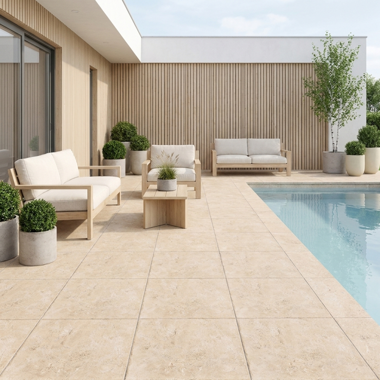 Carrelage sol extérieur effet pierre travertin Pianosa beige R10 90x90 cm