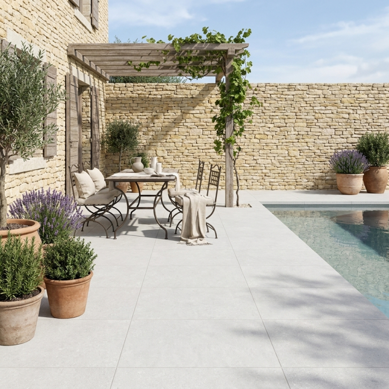 Carrelage sol extérieur moderne Concretum blanc grisé R11 60x60 cm