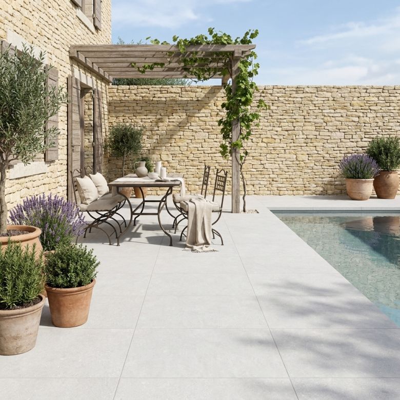 Carrelage sol extérieur moderne Concretum blanc grisé R11 90x90 cm