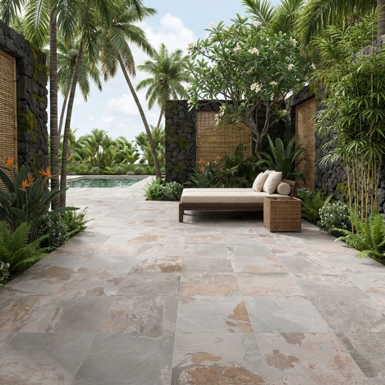 Carrelage sol extérieur effet Pierre de Bali Chateau gris R10 60x60 cm