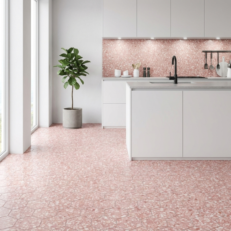 Carrelage sol hexagonal Terrazzo rose 23*23 cm