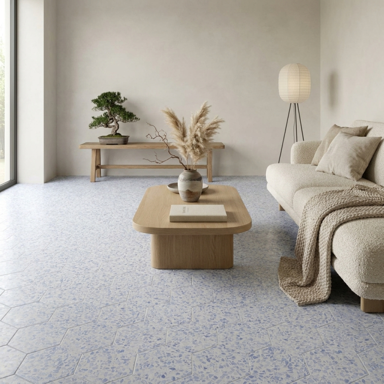 Carrelage sol hexagonal Terrazzo bleu 23x23 cm