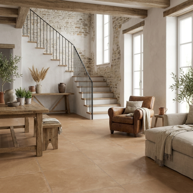 Carrelage sol traditionnel pierre Estany terre 100x100 cm