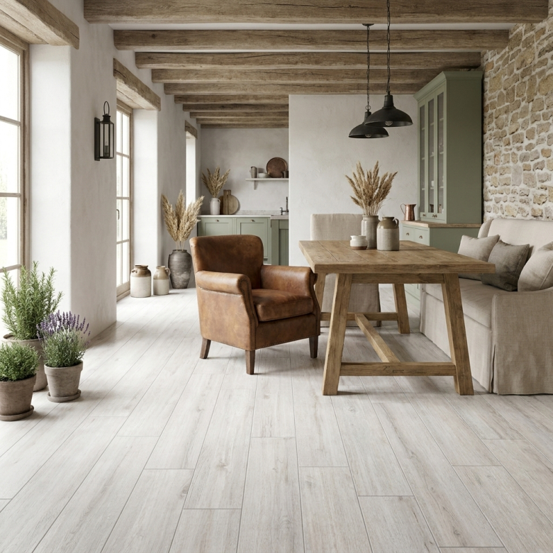 Carrelage sol imitation parquet Montréal Blanc 30x150 cm