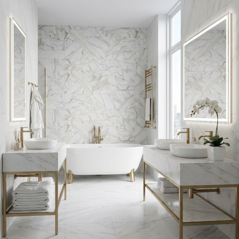  Carrelage sol et mur poli effet marbre Botticcino outline white 60x120 cm - Réflex Boutique