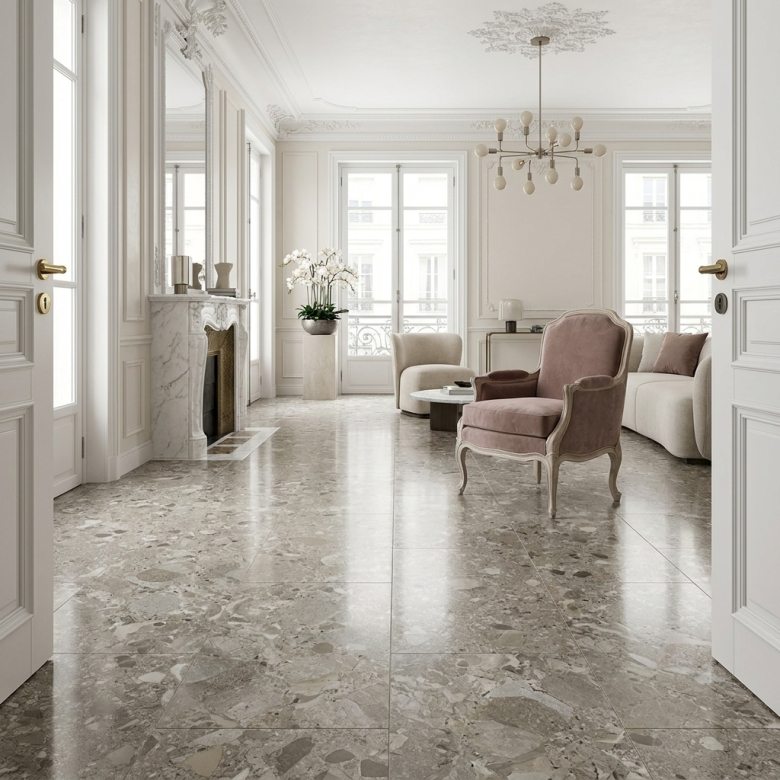 Carrelage sol et mur poli effet pierre Pyrite taupe 60x120 cm