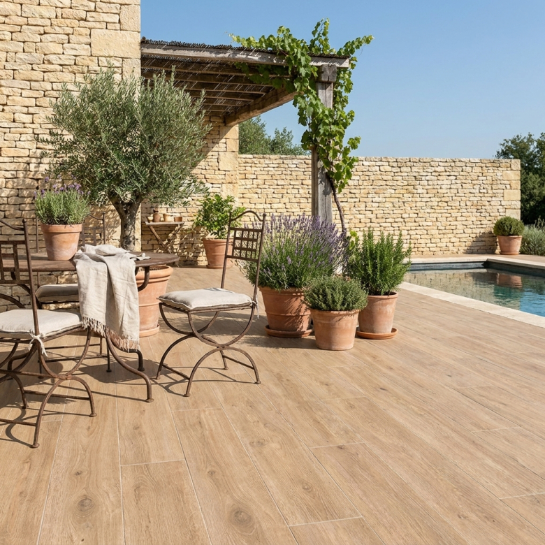 Carrelage sol extérieur effet bois Sarawak Beige chêne R11 20x120 cm