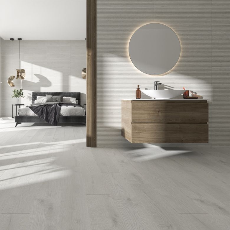 Carrelage sol imitation parquet Cilento blanc grisé 20x120 cm