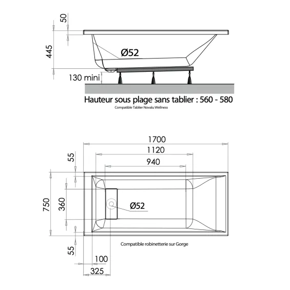  Baignoire Maestro 170 x 75 cm - Réflex Boutique