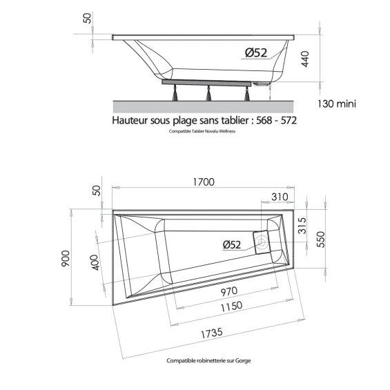  Baignoire Maestro asymétrique droite 170 x 90/55 cm - Réflex Boutique