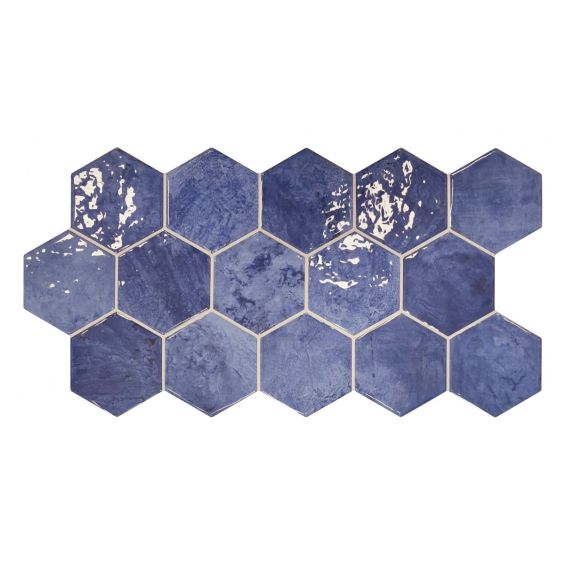 Carrelage Hexagonal sol et mur effet Zellige Hand bleu 26,5x51 cm