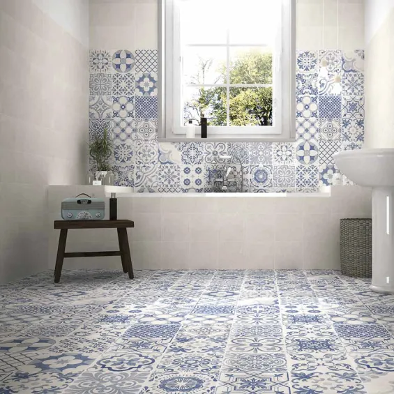  Carrelage sol effet carreaux de ciment Water Azur 44x44 - Réflex Boutique