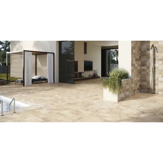  Carrelage sol extérieur effet pierre Travertin crème R11 50x50 - Réflex Boutique