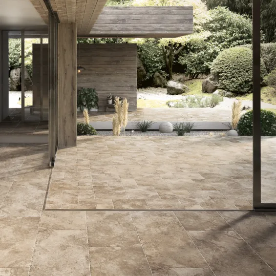  Carrelage sol extérieur effet pierre Travertin Naturel R11 multi-formats - Réflex Boutique