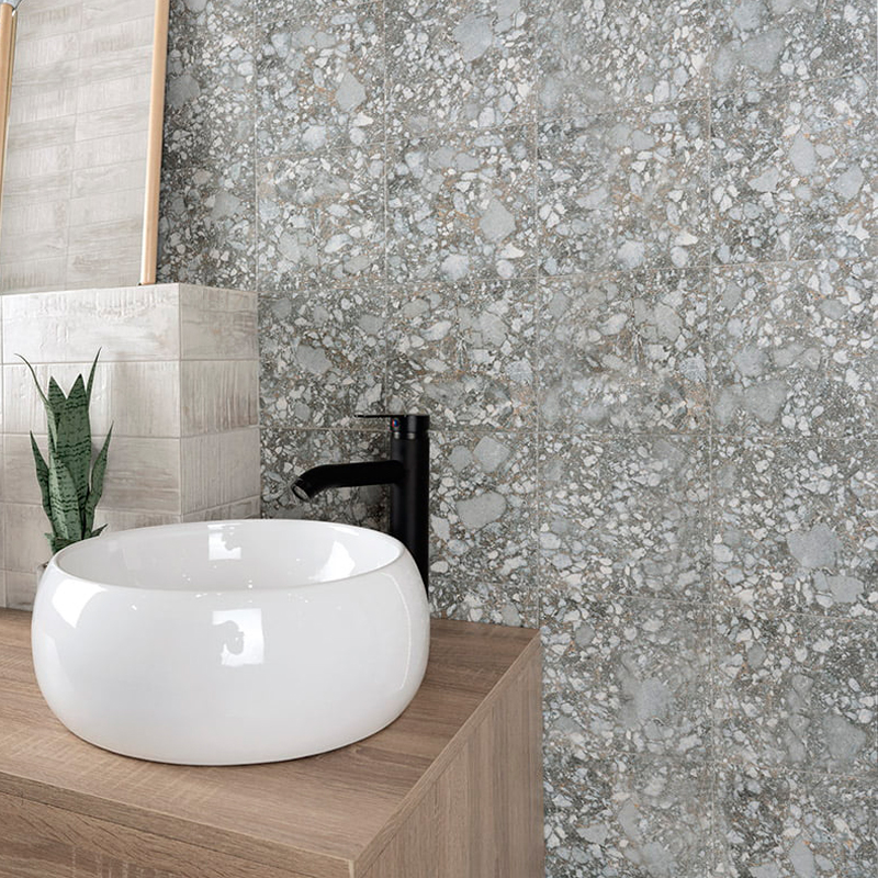 Carrelage sol effet terrazzo Rocca décor noir 20x20 cm - Réflex Boutique